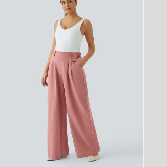 Halara High Waisted Pocket Wide Leg Flowy Solid Palazzo Casual Linen Feel Pants - Picture 15 of 16